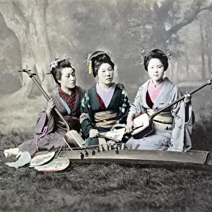 Geishas playing the shamisen and koto, Japan, circa 1880s. Date: circa 1880s