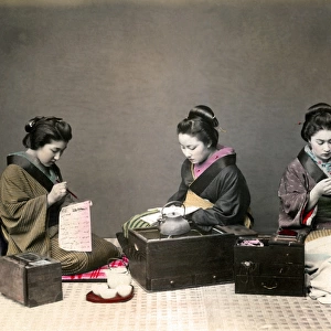 Geishas sewing, reading and writing, Japan