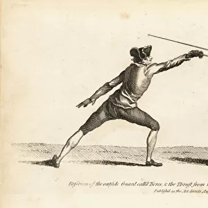Gentleman fencers in thrust and guard positions