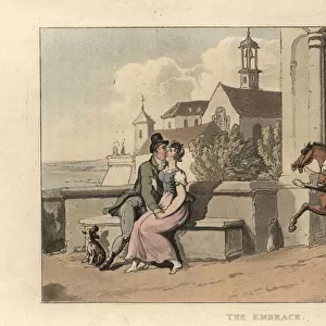 A gentleman and woman kiss on a bench near a town gate