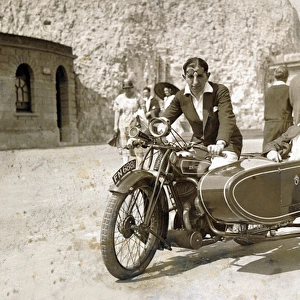 Two gentlemen on a 1928 / 9 Dunelt motorcycle & sidecar