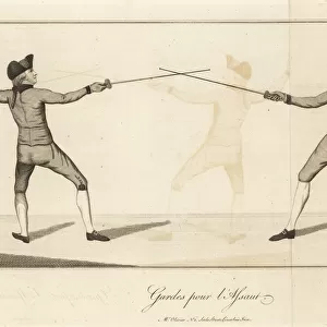 Gentlemen fencers en garde for an attack, 18th century