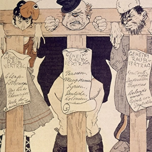German cartoon, three allies in the stocks, WW1