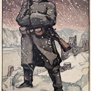A German guard on night watch in the middle of winter. Date: 1916