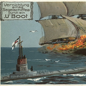 German postcard, U-Boat and sailing ship, WW1