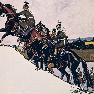 German Uhlans climbing a hill on horseback, WW1