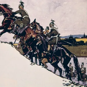 German Uhlans climbing a hill on horseback, WW1