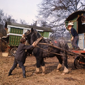 Gipsy boys with horse-drawn caravan