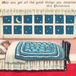 Girl asleep in bed on a Christmas card