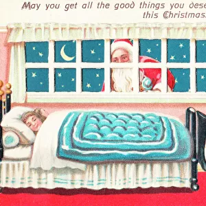 Girl asleep in bed on a Christmas card