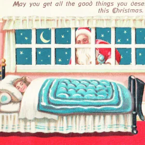 Girl asleep in bed on a Christmas card