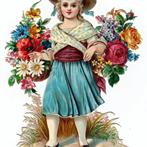 Girl with baskets of flowers on a Victorian scrap