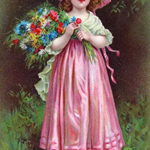 Girl with a bouquet of flowers on a greetings postcard