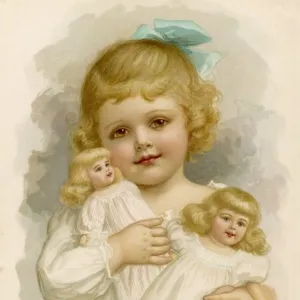 Girl Clutching 2 Dolls