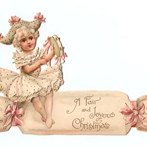Girl on a cutout card in the shape of a Christmas cracker