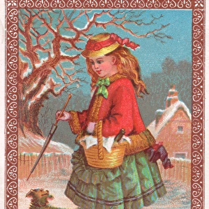 Girl and dog in the snow on a Christmas card