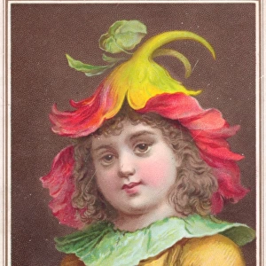 Girl with flower hat on a New Year card