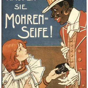 girl giving bar of soap to dressed up man Date: 1900