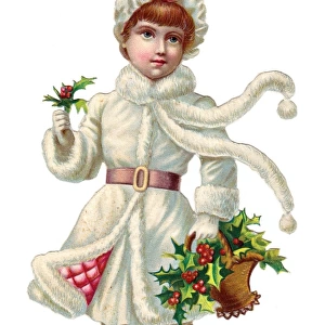 Girl with holly on a Victorian Christmas scrap