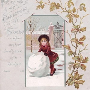 Girl with a large snowball on a Christmas card