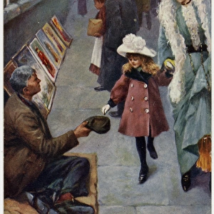 Girl puts a penny in the cap of a Pavement Artist, London