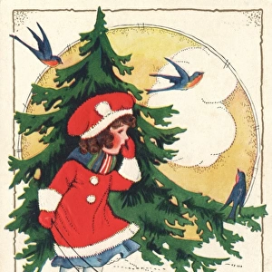Girl with sledge in front of fir tree