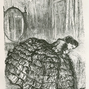 Girl sleeping on bed in crinoline dress by Millais