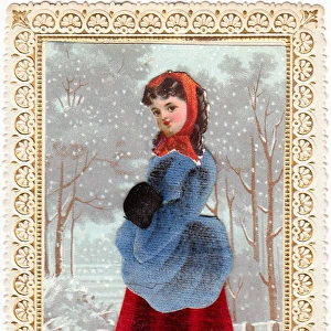Girl in the snow on a fabric Christmas card