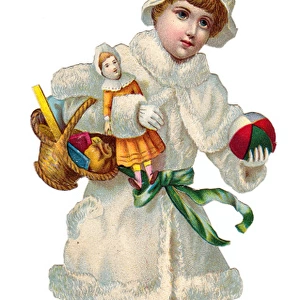 Girl with toys on a Victorian Christmas scrap