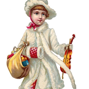 Girl with toys and violin on a Victorian Christmas scrap