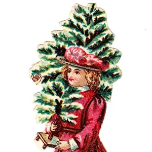 Girl with tree on a Victorian Christmas scrap
