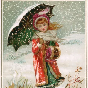 Girl with umbrella in the snow on a New Year card