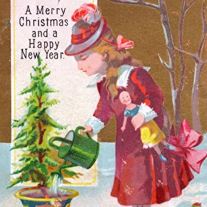 Girl watering tree on a Christmas and New Year card