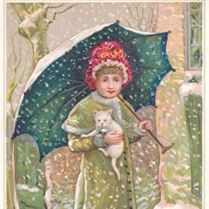 Girl with white kitten on a Christmas card
