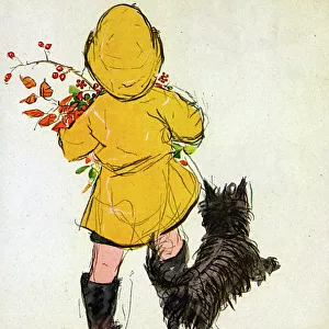Girl in yellow with black dog, by Muriel Dawson