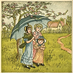 Three girls under blue parasol