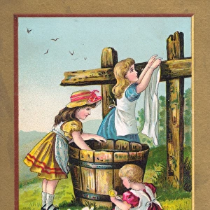 Three girls doing the laundry on a Christmas card
