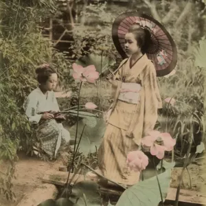 Japanese Girls at Lotus Pond Print Japanese Girls at Lotus Pond Print