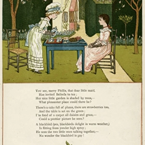 Two girls taking tea on the lawn