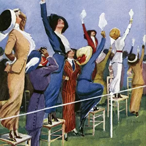 Girls waving at an early Aviator flying overhead