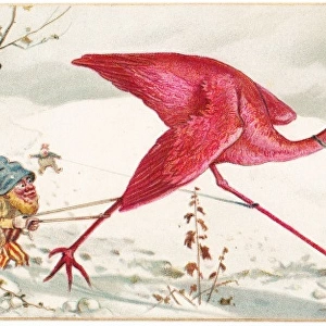 Goblins with a pink flamingo on a Christmas card