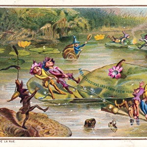 Goblins on a river on a Christmas and New Year card