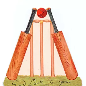 Good Luck card with two cricket bats, a ball and a wicket