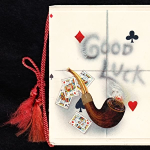 Good Luck card with pipe and playing cards