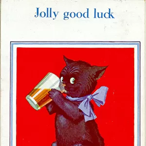 Good Luck postcard, Black cat drinking beer Date: 20th century