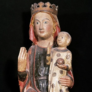 Gothic Virgin Mary with Divine Infant. Wood carving made in