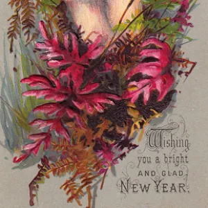 Green and red ferns with mushrooms on a New Year card