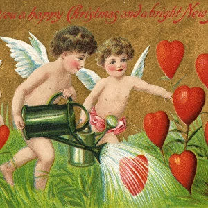 Greetings card with cherubs watering heart flowers