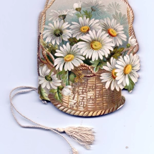 Greetings card, white daisies in a basket