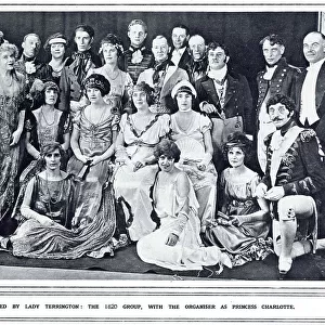 Group of revellers at the Princess Mary Hospital Ball. This group were all dressed as figures from 1820 with the ball organiser, Lady Terrington (centre), dressed as Princess Charlotte. Date: 1922